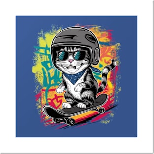 A unique and fun design featuring a stylish cat wearing a helmet and skateboarding. (3) Posters and Art